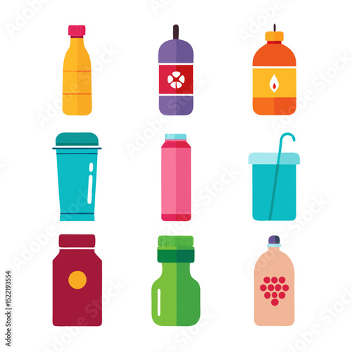 Collection of brightly colored cartoon beverage and liquid containers