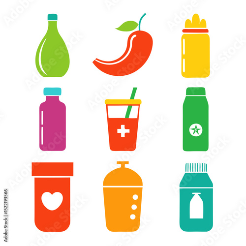Colorful flat design icons of beverage containers and fruit