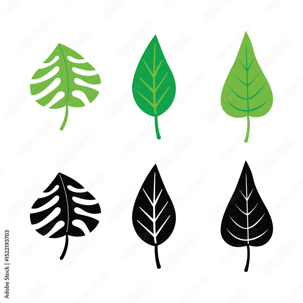 Obraz premium Different green leaves pack flat design with black silhouette set 2