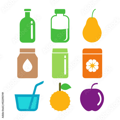 Colorful icon set featuring fruits and drink containers