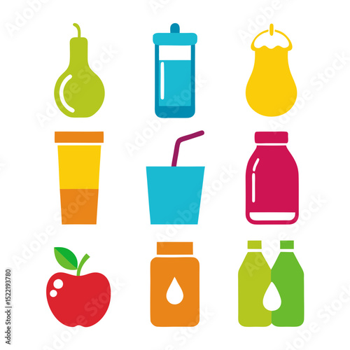 Bright, colorful flat vector design of fruits and drinks