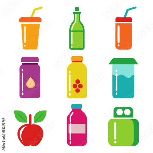 Collection of vibrant drinks and containers on white background