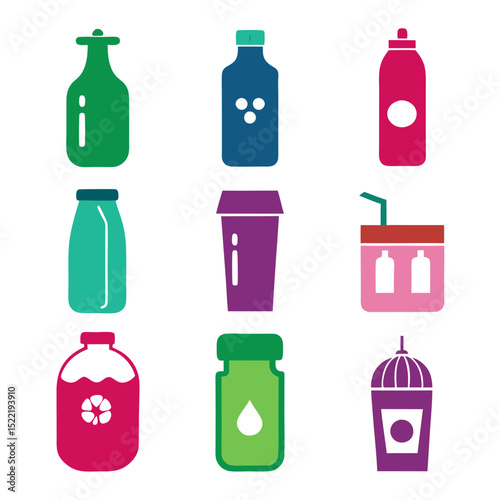 Assorted colorful drink containers and bottles on white backdrop