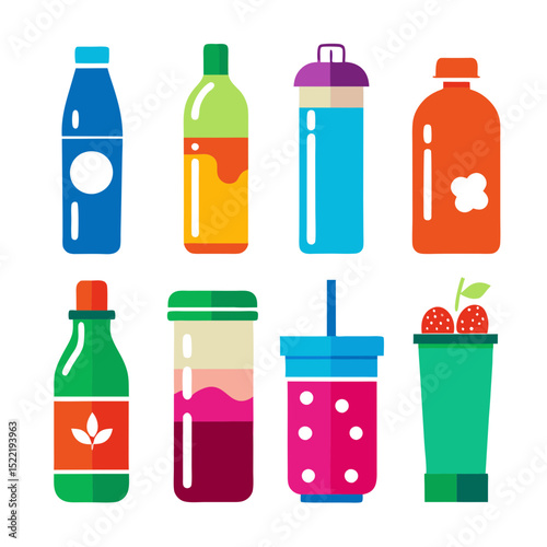Colorful Flat Design Beverage Container Variety Still Life Illustration
