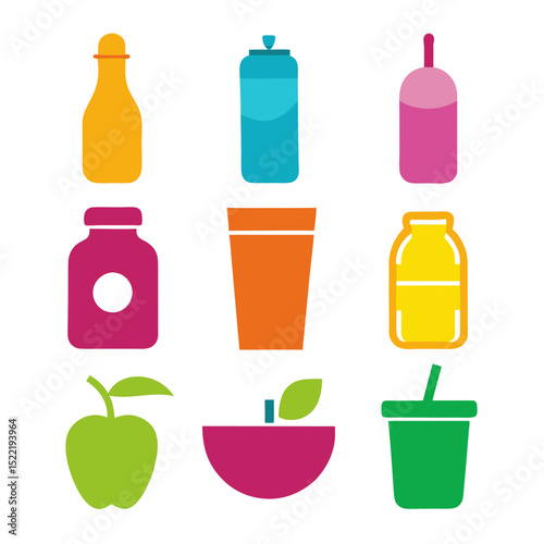 Colorful stylized fruit and beverage icon assortment on white