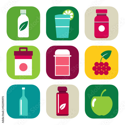 Assorted flat design icons of fruits drinks and containers