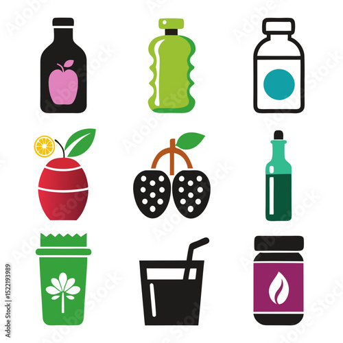 Minimalist vector graphic of various fruit and beverage containers