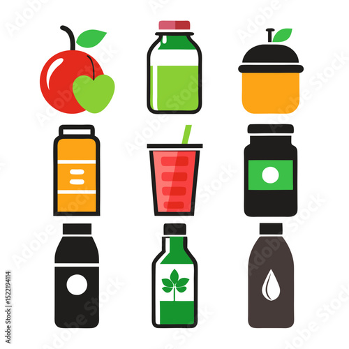 Assorted drink and food containers with flat vector icons