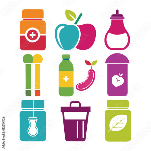 Colorful Icon Set of Health and Wellness Products