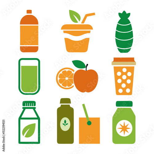 Assorted flat design icons of healthy drinks and fruits