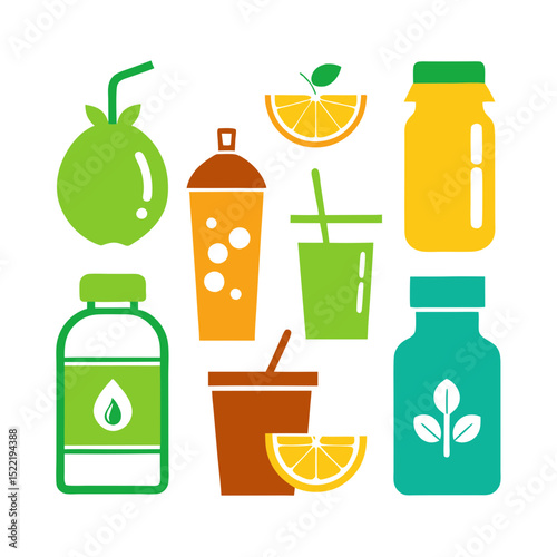 Colorful assortment of fresh juices and drinks illustration