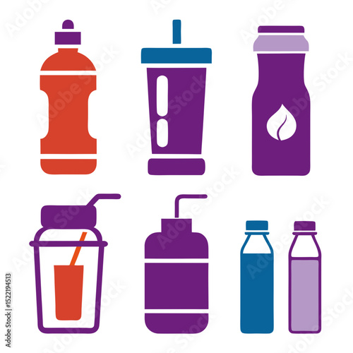 Colorful vector icon set of reusable drink containers