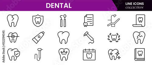 Crisp vector web line icons depicting dental care, tools, oral health, dentistry procedures, and professional dental wellness services.