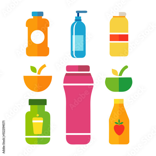 Collection of colorful juice bottles and bowls with fruit icons