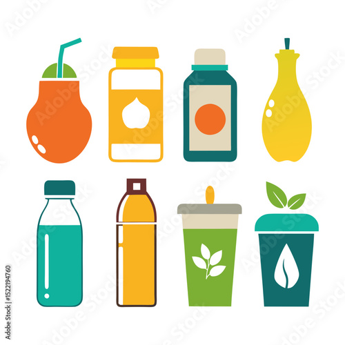 Various colorful fruit and beverage containers on white background