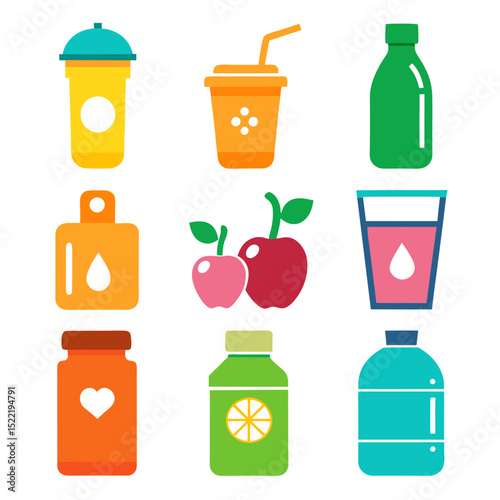 Colorful icon set showcasing various drinks and fruit flavors