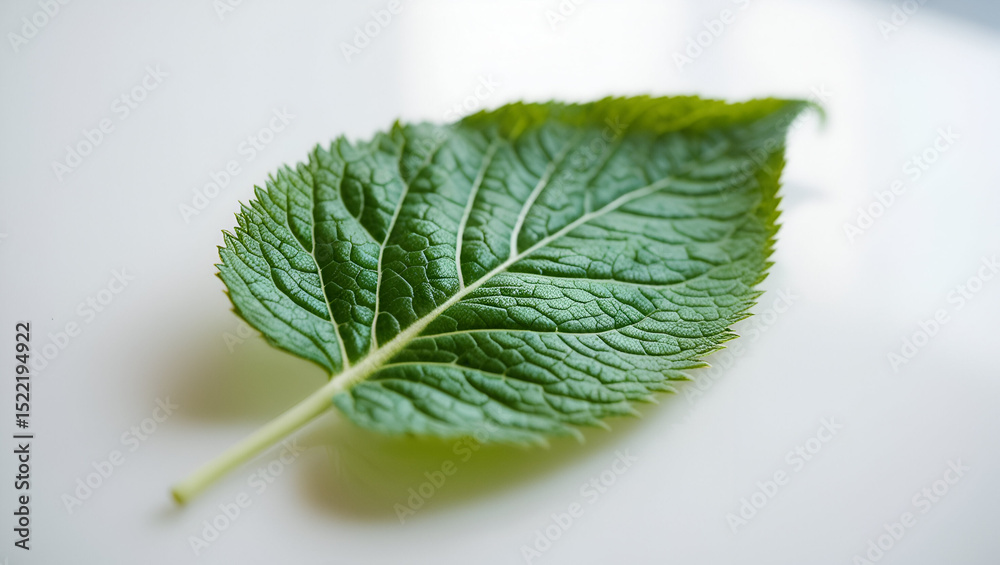 Fototapeta premium Single green leaf isolated on a clean white background, showing natural texture and veins.