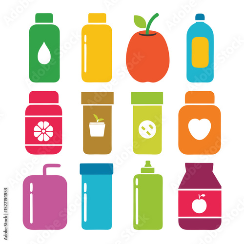 Assorted containers in bright, solid colors on white background