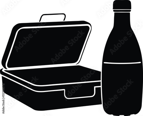  lunch box with food and bottle of water