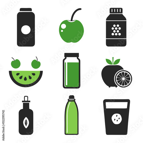 Green juice bottles and fruit icons, graphic flat design