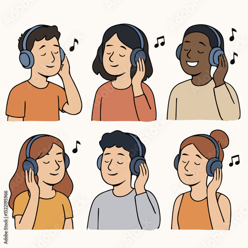 Vector Set People listening to music with headphones character set