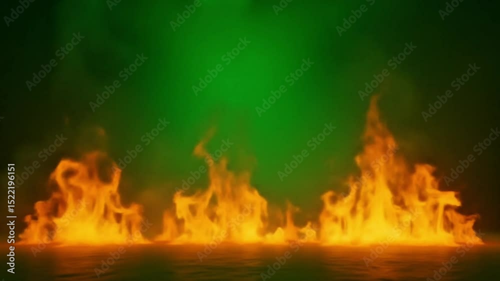A vibrant, high-resolution image of flames dancing in the air against a solid green screen backdrop.