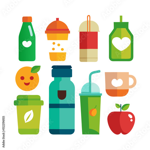 Colorful flat illustration of beverages and fruit selection