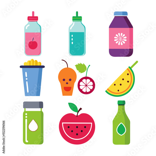 Colorful assortment of flat design fruit and juice icons