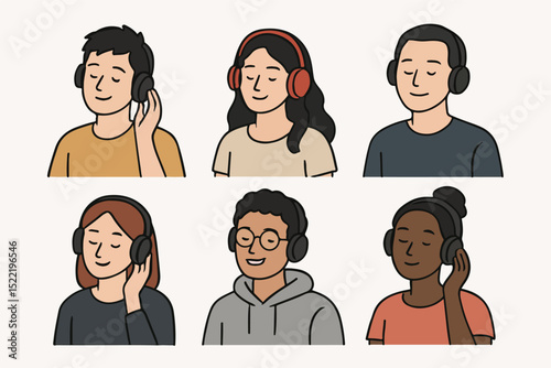 Vector Set People listening to music with headphones character set