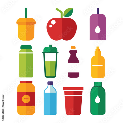 Colorful assortment of drink containers and a single apple