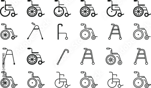 Mobility assistance devices line art collection of wheelchairs and walkers for accessibility