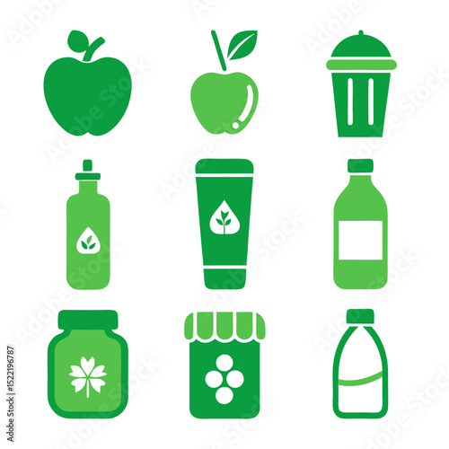 Green product icon set representing ecological lifestyle choices