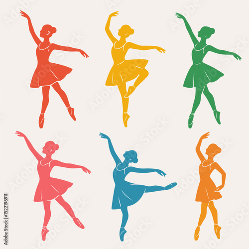 Set Graceful Ballerina Poses: A vibrant collection of illustrations showcasing elegant ballet dancers in mid-motion, each figure exquisitely rendered in a single color