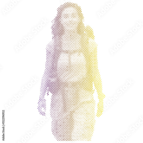 Halftone dots pattern of a hiker woman with backpack going on an adventure trip