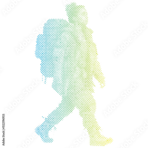 Halftone dots pattern of a hiker woman with backpack going on an adventure trip