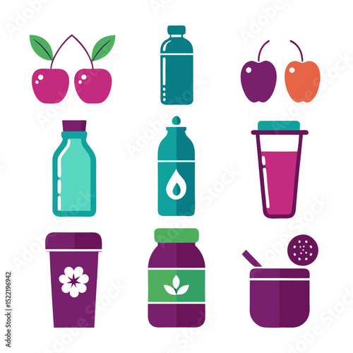 Vibrant flat vector icons for health and nutrition concept