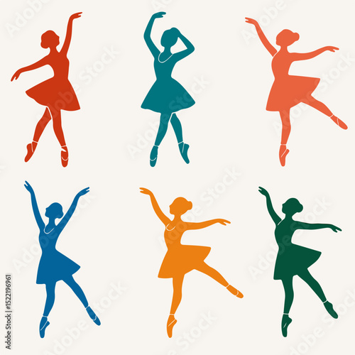 Set Graceful Ballerina Poses: A vibrant collection of illustrations showcasing elegant ballet dancers in mid-motion, each figure exquisitely rendered in a single color