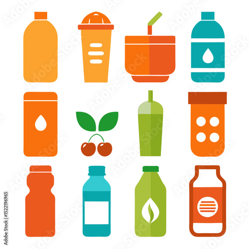 Colorful flat icons of drinks and ingredients illustration set