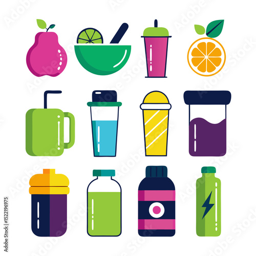 Bright flat illustration of fruit and beverage containers