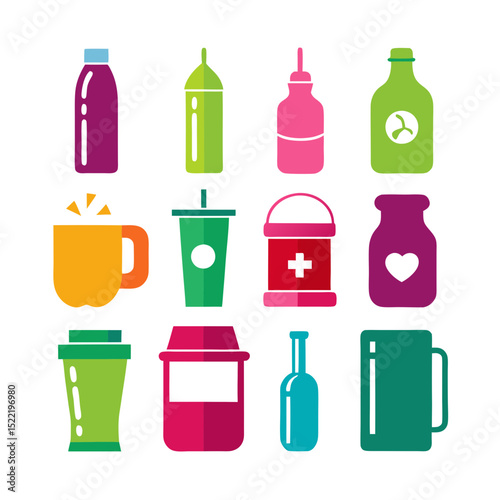 Colorful icons depicting various beverage containers on white background