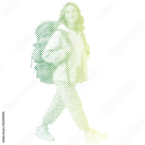 Halftone dots pattern of a hiker woman with backpack going on an adventure trip