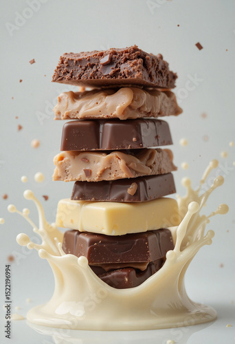 Stack of chocolate bars made of regular and white chocolate surrounded by creamy splash on light background