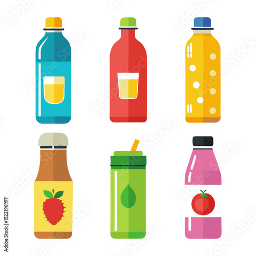 Colorful assorted juice and beverage bottles in flat style