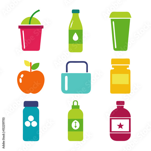 Healthy living icons on white background in flat design