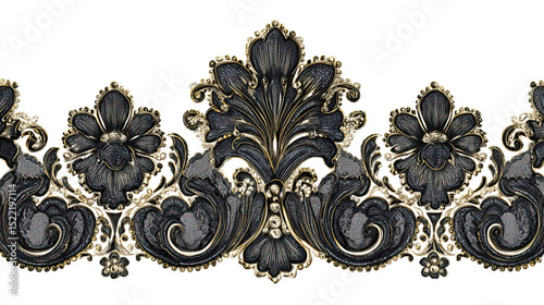 Baroque Style Black and Gold Floral Pattern with Pearls on Transparent Background

