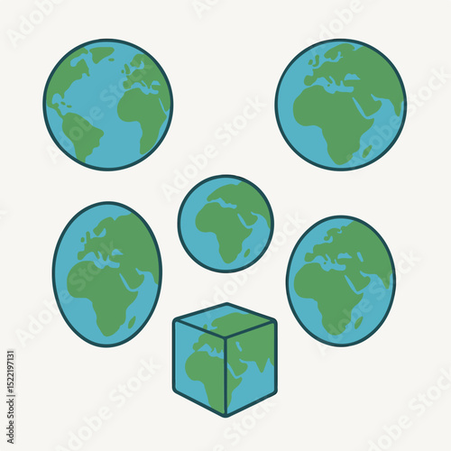Earth globes: A collection of varied earth globes showcasing the planet's shape and forms, from spheres to a cube, presented in a colorful illustration suitable for educational or design projects.