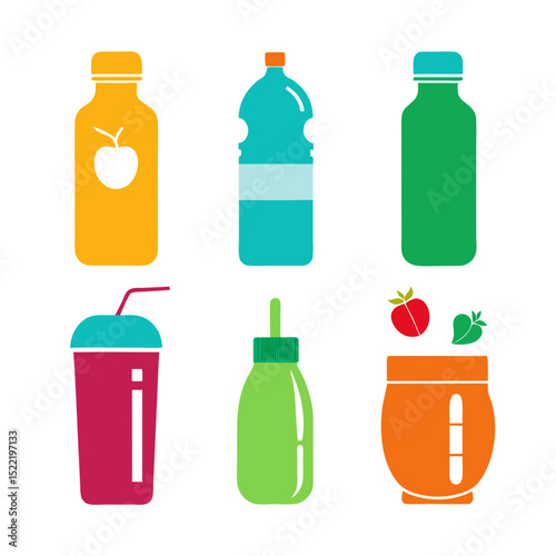 Colorful flat illustration of beverage container variety isolated on white