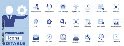 Editable workplace icon set in clean vector style. Ideal for office, business, HR, remote work, and professional designs.
