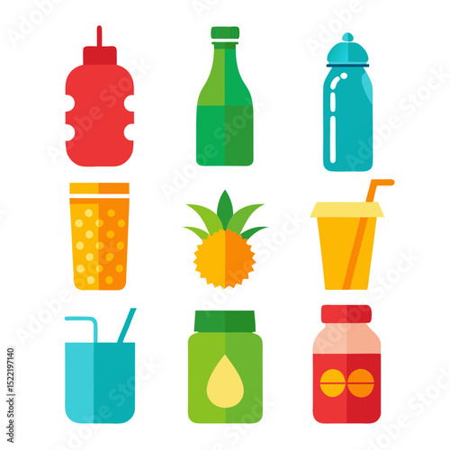 Various drink containers and a pineapple flat illustration style