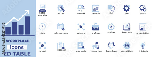 Editable workplace icon set in clean vector style. Ideal for office, business, HR, remote work, and professional designs.